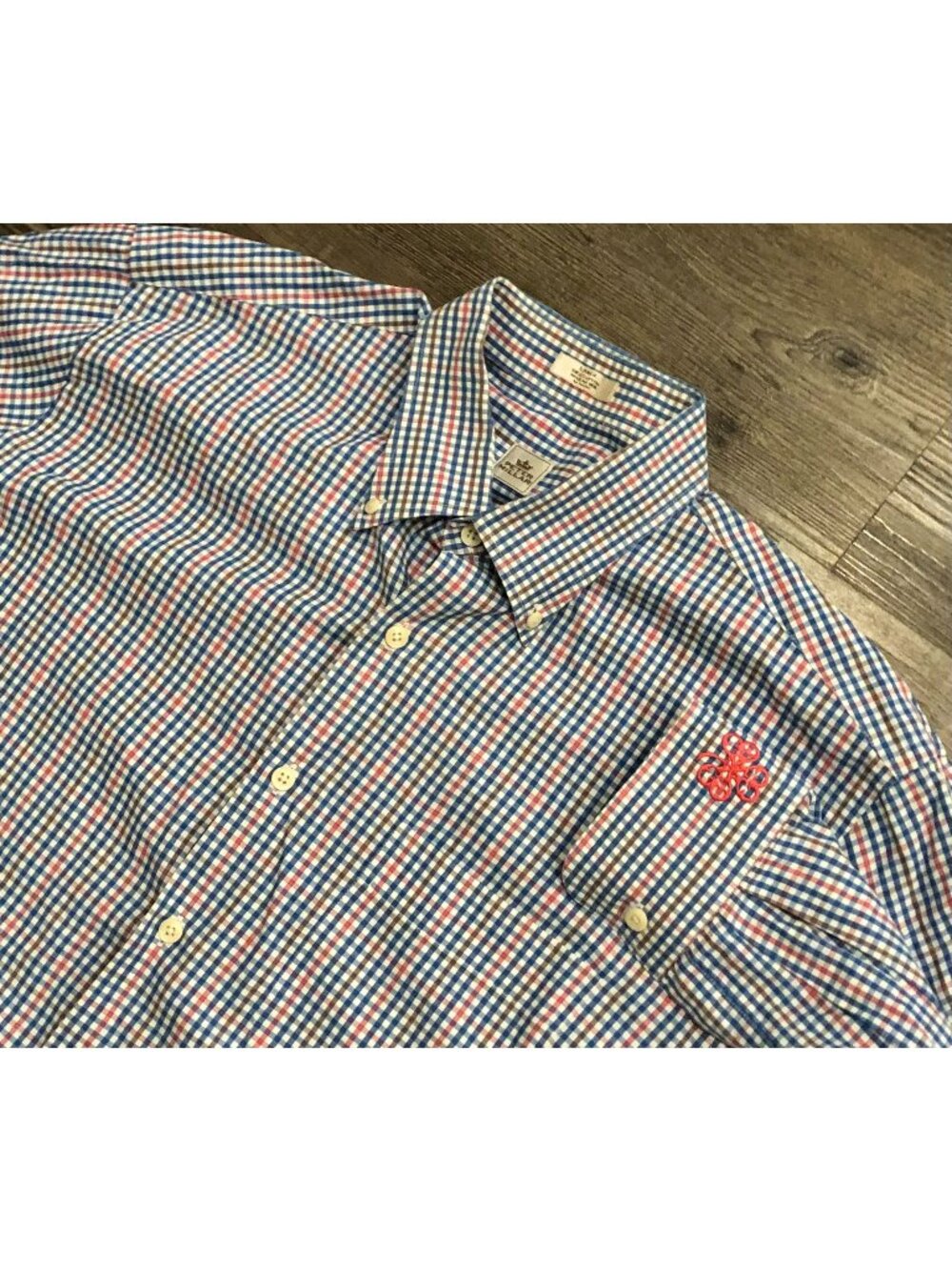 Peter Millar Mens Large Blue Red White Checked Cotton Button Down Shirt